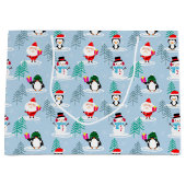 クリスマスツリー、サンタ、雪だるま、ペンギン ラージペーパーバッグ (正面)