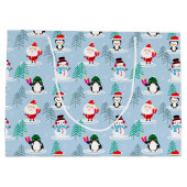 クリスマスツリー、サンタ、雪だるま、ペンギン ラージペーパーバッグ (裏面)