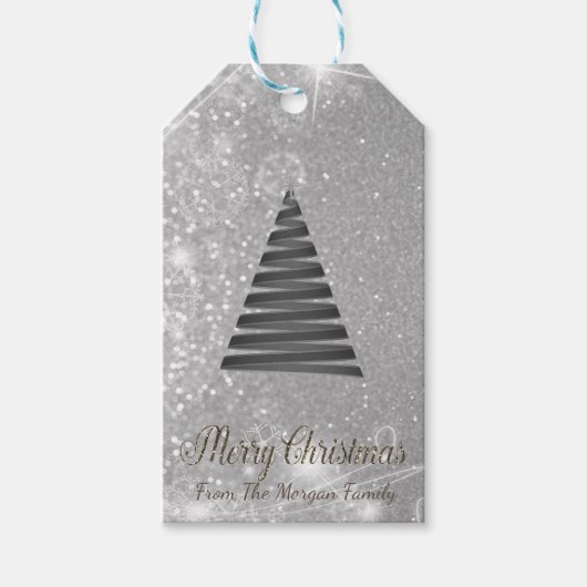 クリスマスツリー、シルバーグリッター - 名入れ ギフトタグ (正面)