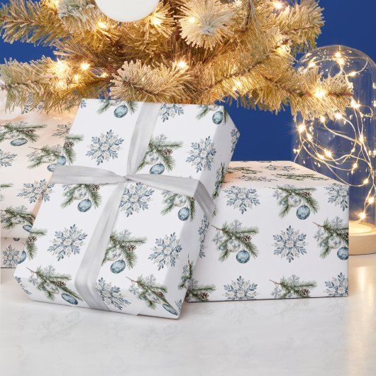 クリスマスツリー シルバー スノーフレーク ブルー オーナメント ラッピングペーパー (クリスマス)