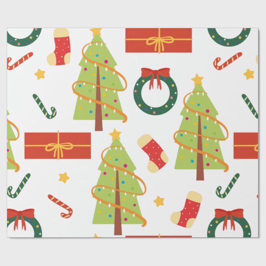 クリスマスツリー、ストッキング、キャンディーケーン ラッピングペーパー (フラット)