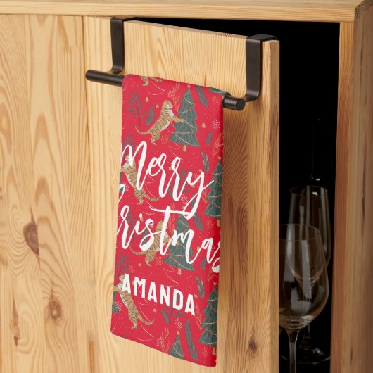 クリスマスツリー&タイガパターンカスタムの背景 キッチンタオル (三つ折り)