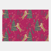 クリスマスツリー&タイガパターンカスタムの背景 ラッピングペーパーシート (正面)