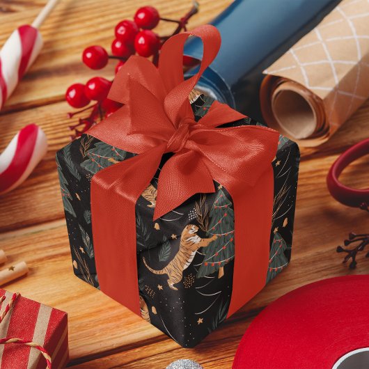 クリスマスツリー&タイガパターンカスタムの背景 ラッピングペーパー