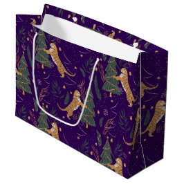 クリスマスツリー&タイガパターンカスタムの背景 ラージペーパーバッグ