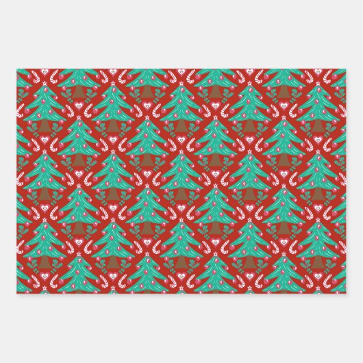 クリスマスツリー、ハート、キャンディレッドピンクブルー ラッピングペーパーシート (正面3)