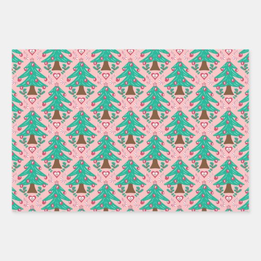 クリスマスツリー、ハート、キャンディレッドピンクブルー ラッピングペーパーシート (正面)