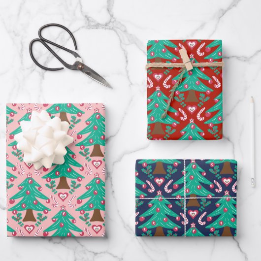 クリスマスツリー、ハート、キャンディレッドピンクブルー ラッピングペーパーシート (正面)