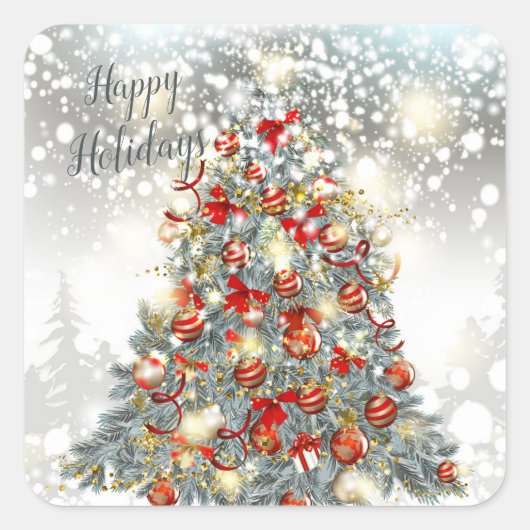 クリスマスツリー、バウブル長方形ステッカー スクエアシール (正面)