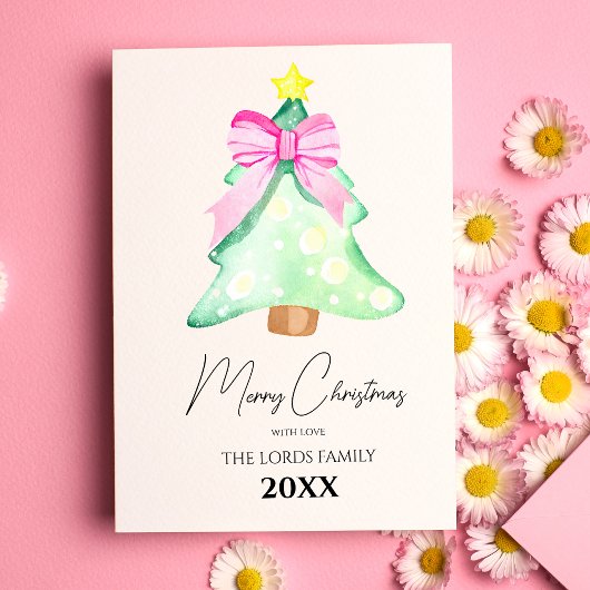 クリスマスツリー ピンクのリボン ホリデー グリーティング カード