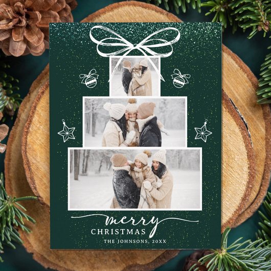 クリスマスツリー ファミリー３ フォト コラージュ ホリデー シーズンポストカード
