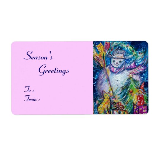 クリスマスツリー、フクロウ、おもちゃ付き雪だるま ラベル (正面)