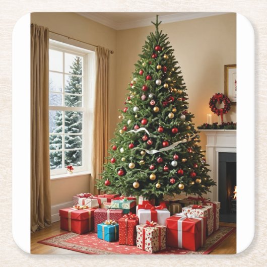 クリスマスツリー&プレゼントコースター スクエアペーパーコースター (正面)