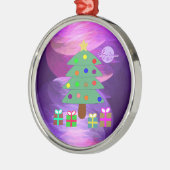 クリスマスツリー&プレゼントズシルバーラウンドオーナメント メタルオーナメント (左)