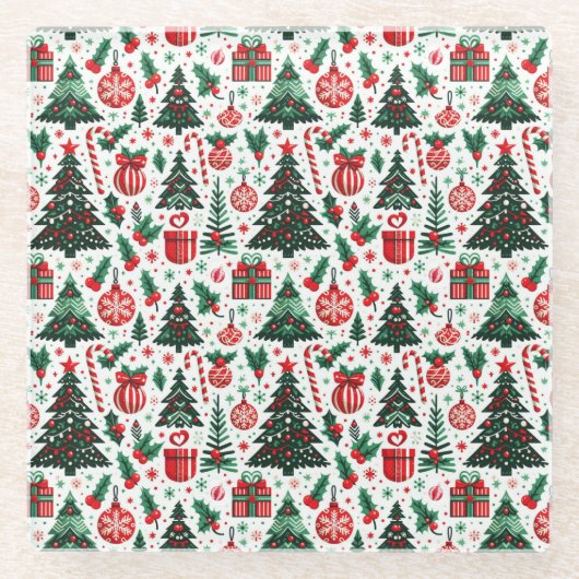 クリスマスツリー、プレゼント、キャンディーケーン ガラスコースター (正面)