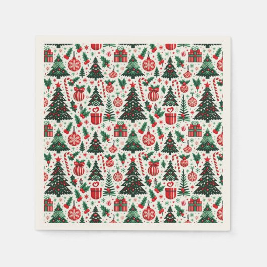 クリスマスツリー、プレゼント、キャンディーケーン スタンダードカクテルナプキン (正面)
