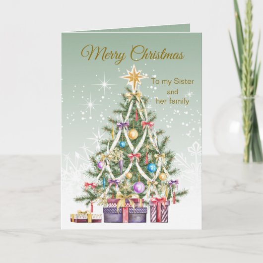 クリスマスツリー、プレゼント、姉妹とその家族 シーズンカード (正面)