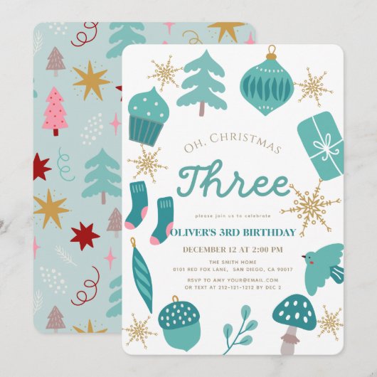 クリスマスツリー ホリデー グリーン 3歳の誕生日 招待状 (正面/裏面)