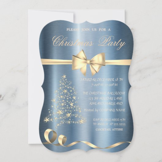 クリスマスツリー、ボウブルーメタリッククリスマスパーティー 招待状 (正面)