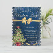 クリスマスツリー、ボウ、ブルー企業のパーティの招待状 招待状 (スタンド正面)