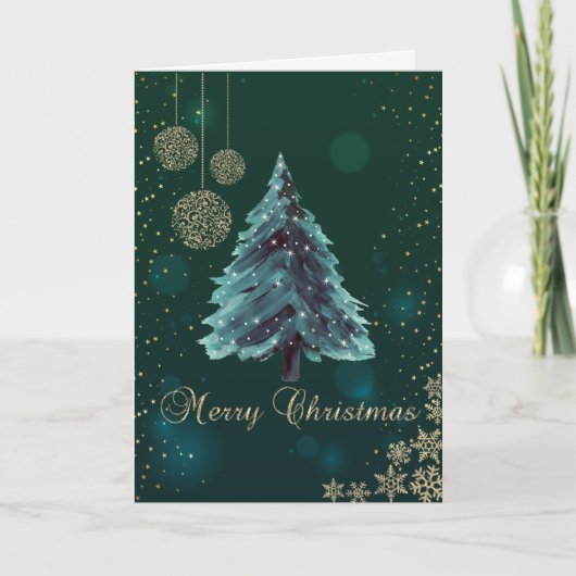 クリスマスツリー,ボール,スノーフレーク緑の休日 シーズンカード (正面)