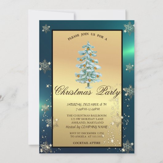 クリスマスツリー、ボール、雪片の会社のパーティー 招待状 (正面)