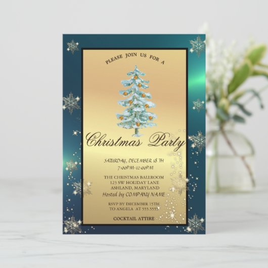 クリスマスツリー、ボール、雪片の会社のパーティー 招待状 (スタンド正面)
