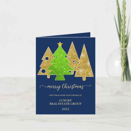クリスマスツリー |ミニマリスト |金ゴールドグリッター シーズンカード (正面)
