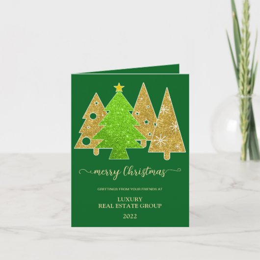 クリスマスツリー | ミニマル | ゴールドグリッターギフト シーズンカード (正面)