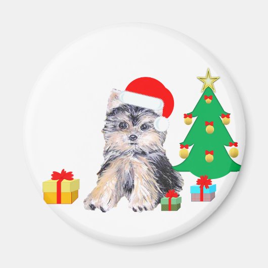 クリスマスツリー、ヨークシャーの子犬とギフト マグネット (正面)