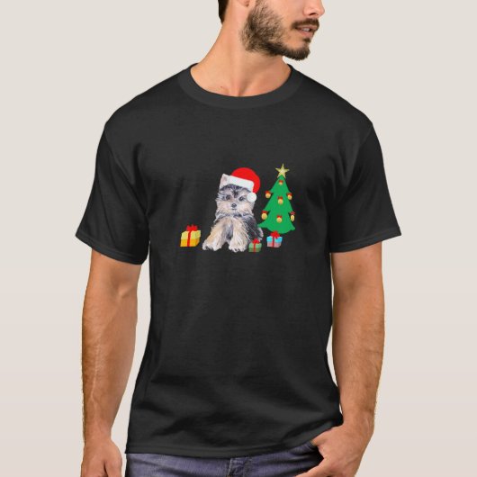 クリスマスツリー、ヨークシャーの子犬とギフト Tシャツ (正面)