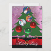 クリスマスツリー、レッドグリーンダマスクホリデーパーティー 招待状 (正面)