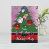 クリスマスツリー、レッドグリーンダマスクホリデーパーティー 招待状 (スタンド正面)