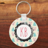 クリスマスツリー、弓&バウズパターンモノグラム キーホルダー (正面)