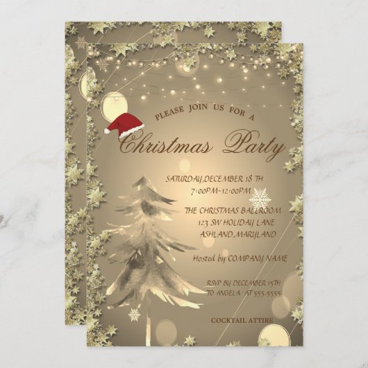 クリスマスツリー，星，サンタハットクリスマスパーティー 招待状 (正面/裏面)