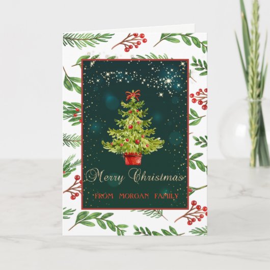 クリスマスツリー、星、ヒイラギの実、緑 シーズンカード (正面)