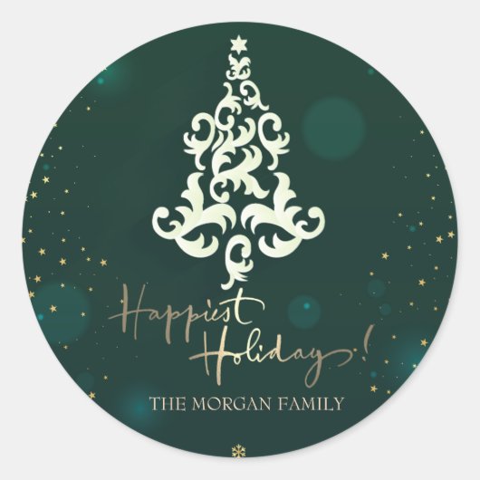 クリスマスツリー,星,緑の幸せな休日 ラウンドシール (正面)