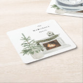 クリスマスツリー&暖炉&名前 スクエアペーパーコースター (アングル)