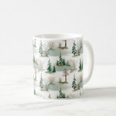 クリスマスツリー、木、茂みのパターン。ブル コーヒーマグカップ (正面右)