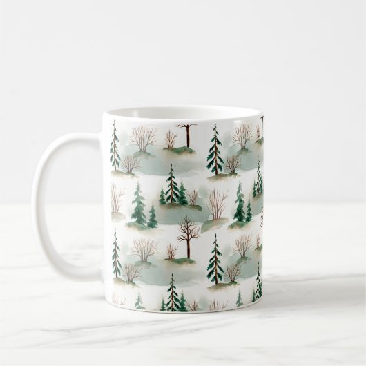 クリスマスツリー、木、茂みのパターン。ブル コーヒーマグカップ (左)