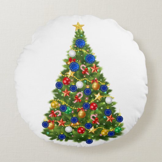 クリスマスツリー – 欧州連合(EU)国旗 | EUユーロ – b ラウンドクッション (正面)