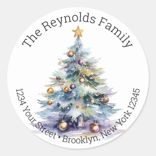 クリスマスツリー – 水彩差出人住所ラベル ラウンドシール (正面)