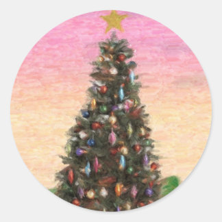クリスマスツリー: 油絵 ラウンドシール