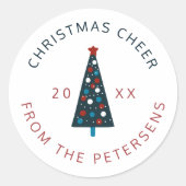 クリスマスツリー 現代家族名 赤とネイビー ラウンドシール (正面)