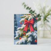 クリスマスツリー 赤いリボン 水彩画 シーズンポストカード (スタンド正面)
