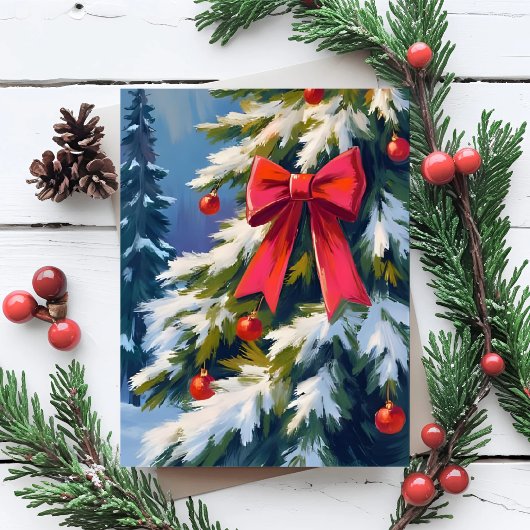 クリスマスツリー 赤いリボン 水彩画 シーズンポストカード