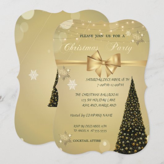 クリスマスツリー、金のリボン、会社のクリスマスパーティー 招待状 (正面/裏面)