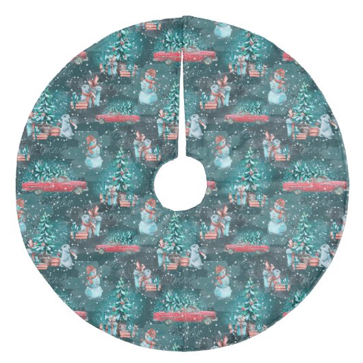 クリスマスツリー、雪だるま、バンニー、トラック フリース ツリースカート (正面)