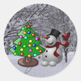 クリスマスツリー、雪だるま、雪のシーン写真シール ラウンドシール