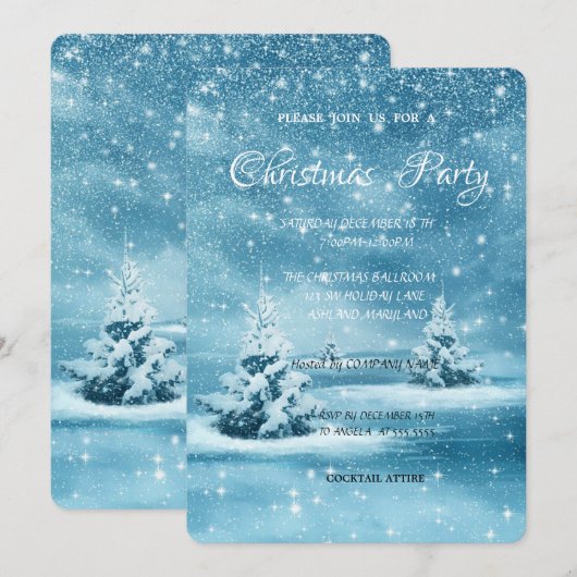 クリスマスツリー、雪の会社のクリスマスパーティー 招待状 (正面/裏面)